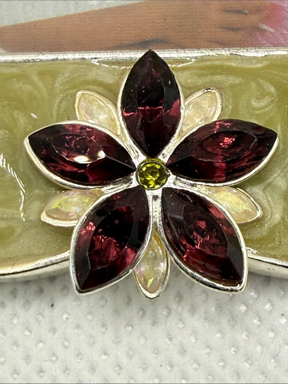 5 Hallmark Olive Green & lime  Enamel Photo Frame picture Aurora & rhinestones